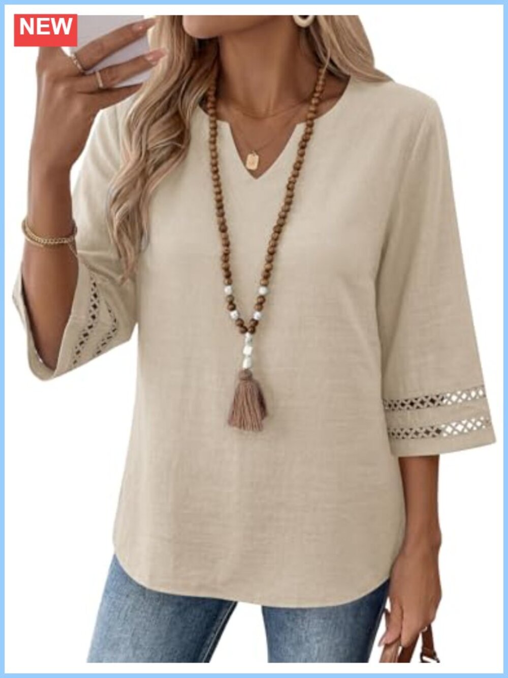 Womens 3/4 Sleeve V Neck Cotton Linen Boho Blouse Loose Fit Tunic Top